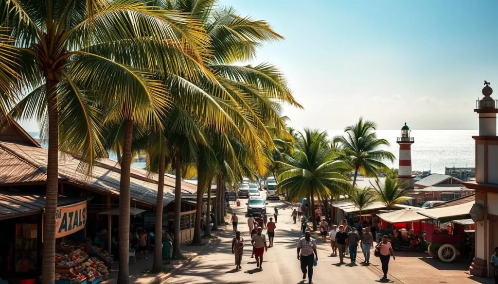 A sun-drenched coastal cityscape in Beira, Mozambique, with the Indian Ocean shimmering in the background. Lush palm trees sway in a gentle breeze, casting dappled shadows on the bustling streets below. Vibrant local markets brim with colorful textiles, spices, and fresh seafood. Pedestrians stroll leisurely, stopping to admire the colonial-era architecture and the iconic lighthouse that stands guard over the harbor. The scene exudes a laid-back, tropical atmosphere, perfect for visitors seeking to experience the best of Beira's climate and culture.