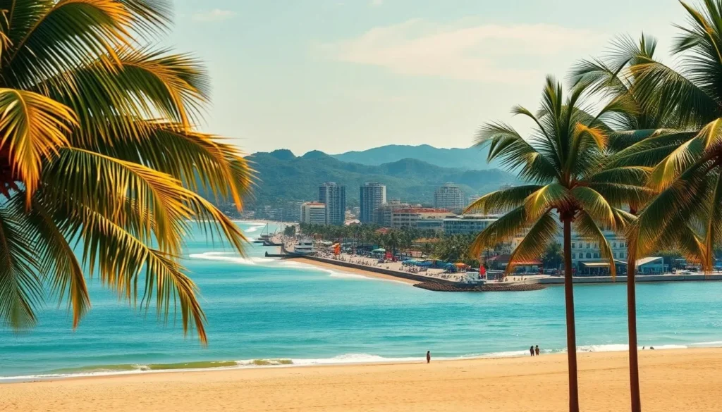 A sun-drenched coastline stretches along the azure waters of Nha Trang, Vietnam's picturesque coastal gem. Lush palm trees sway gently in the warm breeze, framing the scene. In the foreground, a golden sandy beach invites beachgoers to relax and soak up the tropical atmosphere. The middle ground features a vibrant promenade lined with colorful shops and cafes, while the background showcases the city's skyline of modern high-rises and colonial-era architecture against a backdrop of rolling hills. The scene is bathed in soft, natural lighting, creating a serene and inviting mood that captures the essence of this beautiful coastal destination.