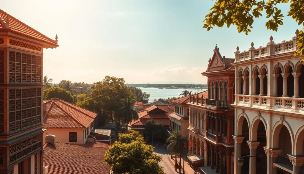 A sun-drenched colonial townscape in Kratie, Cambodia. In the foreground, a well-preserved French colonial building with intricate latticework, balconies, and a terracotta-tiled roof. Middle ground features bustling streets lined with similar historic structures, their facades adorned with elegant arches and ornate details. The background showcases the Mekong River lazily flowing by, framed by lush tropical foliage. Warm, golden lighting filters through the scene, casting soft shadows and imbuing the overall atmosphere with a sense of timeless tranquility. Capture this picturesque blend of Indochine architecture and Southeast Asian charm in a crisp, high-resolution image.