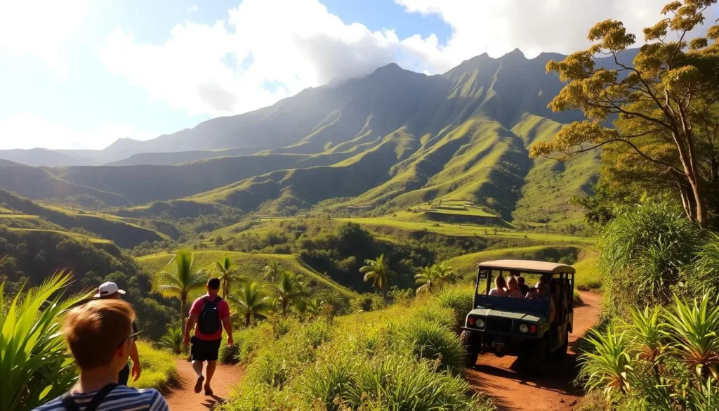 A sun-drenched day at Kualoa Ranch, the lush green hills and towering volcanic peaks serve as a dramatic backdrop. In the foreground, a group of visitors explore the scenic landscapes, hiking along a winding trail flanked by tropical foliage. The mid-ground captures a guided tour group aboard an off-road vehicle, traversing the rugged terrain. Warm, natural lighting bathes the scene, creating a sense of tranquility and adventure. The overall atmosphere evokes the wonder and immersion of the Kualoa Ranch experience, inviting the viewer to imagine themselves in this picturesque Hawaiian setting.