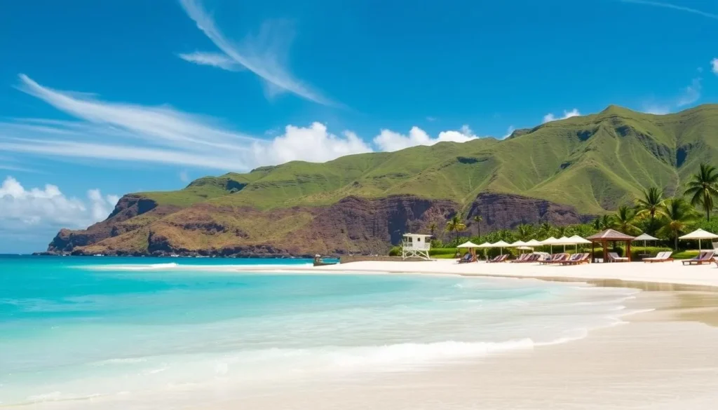 A sun-drenched day at Lanikai Beach, Oahu. In the foreground, pristine white sand and crystal-clear turquoise waters gently lap the shore. Beach umbrellas, lounge chairs, and shaded cabanas dot the landscape, providing ample amenities for visitors. In the middle ground, a lifeguard station stands vigilant, ensuring the safety of swimmers and beachgoers. The background features lush, verdant cliffs and a stunning azure sky, dotted with wispy clouds. The scene exudes a sense of tranquility and relaxation, perfectly capturing the essence of a Hawaiian beach paradise.