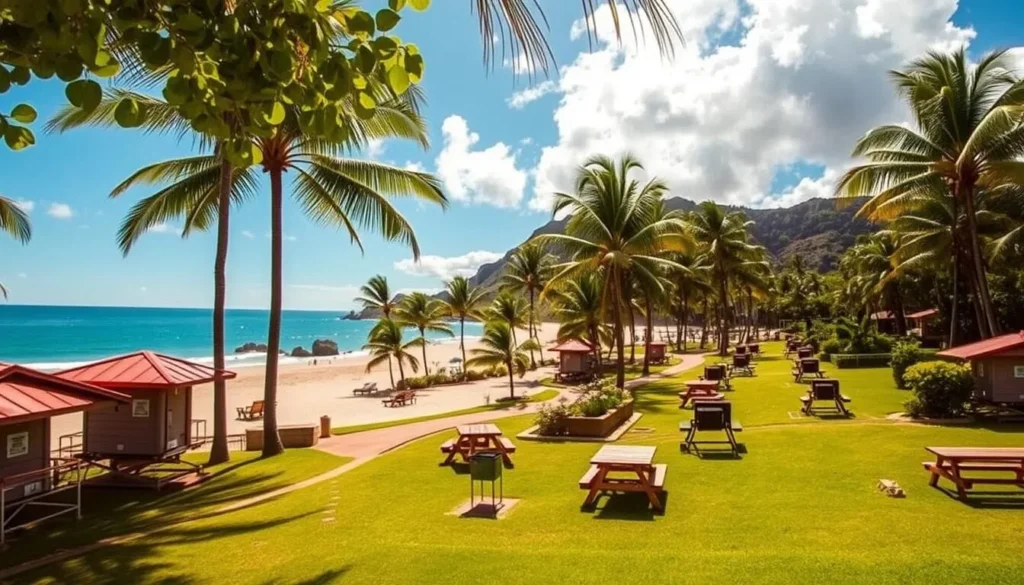 A sun-drenched day at Waimea Bay Beach, Oahu. In the foreground, a row of lifeguard stations stand vigilant, their red roofs catching the warm Hawaiian light. Rows of wooden picnic tables and barbecue grills dot the well-manicured lawns, inviting visitors to relax and enjoy a seaside meal. In the middle ground, a paved pathway winds through lush palm trees, leading to the white sand beach and azure waters beyond. In the distance, the iconic rock formations of Waimea Bay rise majestically, framing the scene. The atmosphere is one of peaceful tranquility, with a gentle breeze rustling the leaves and the rhythmic lapping of waves against the shore.