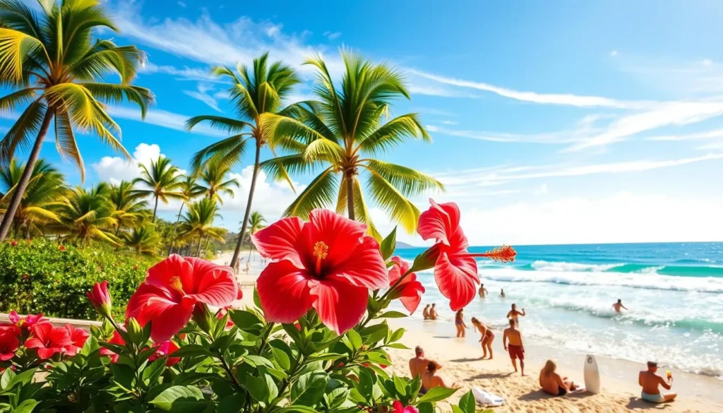 A sun-drenched day in Oahu, Hawaii. Sparkling turquoise waters of the Pacific Ocean lap against pristine golden beaches. Swaying palm trees cast gentle shadows on the lush, verdant foliage. Vibrant hibiscus flowers bloom in a riot of colors. Beachgoers bask in the warm, tropical breeze, sipping refreshing cocktails. Surfers ride the rolling waves, their silhouettes etched against the horizon. Cirrus clouds drift lazily across a brilliant azure sky. The scene exudes a laid-back, carefree vibe, perfectly capturing the essence of summer in Oahu.