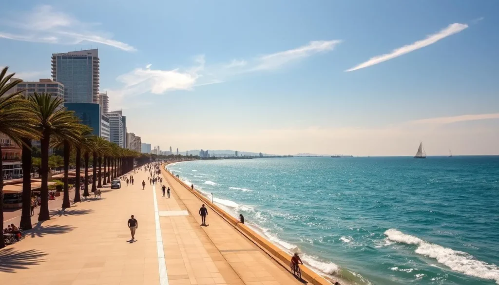 A sun-drenched day on the iconic La Corniche oceanfront promenade in Casablanca, Morocco. The wide, palm-lined walkway stretches along the sparkling azure waters of the Atlantic, with modern high-rises and historic architecture lining the horizon. Beachgoers stroll, jog, and cycle past inviting cafes and restaurants, while sailboats dot the distant horizon. Warm, golden light filters through wispy clouds, casting a serene glow over the bustling seaside scene. Capture the tranquil ambiance and vibrant energy of this beloved Casablanca landmark.
