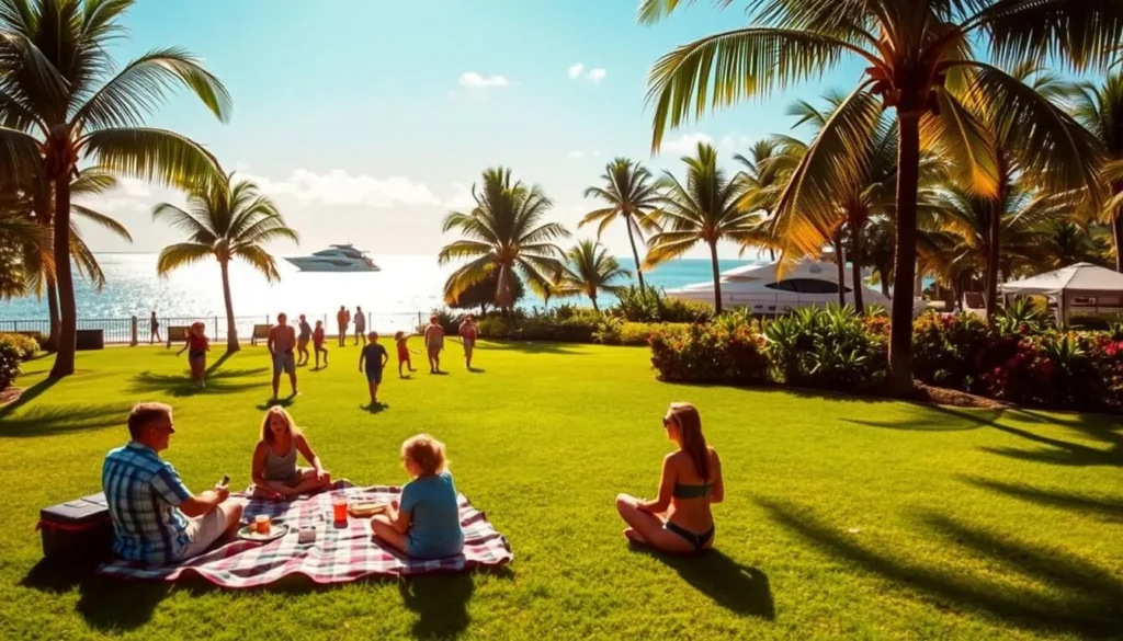 A sun-drenched day on the lush, tropical grounds of Fisher Island, Florida. In the foreground, a family of four enjoys a picnic on a plaid blanket, surrounded by vibrant greenery and the occasional palm tree. In the middle ground, a group of children play frisbee, their laughter echoing across the well-manicured lawns. In the distance, the shimmering blue waters of the private beach invite exploration, while a scenic yacht cruises lazily by. Soft, warm lighting bathes the scene, creating a serene and inviting atmosphere perfect for a day of family activities and relaxation.
