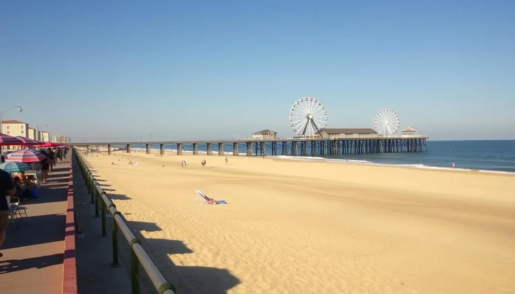 A sun-drenched day on the sandy shores of Ocean City, New Jersey. In the foreground, beachgoers stroll along the boardwalk, their umbrellas and towels dotting the landscape. The middle ground reveals a pristine expanse of beach, gently lapped by the calm, azure waters of the Atlantic Ocean. In the distance, the iconic Ocean City Pier stretches out, its wooden planks and iconic Ferris wheel silhouetted against a cloudless sky. Warm, golden light bathes the scene, capturing the coastal charm and tranquility of this beloved seaside destination.