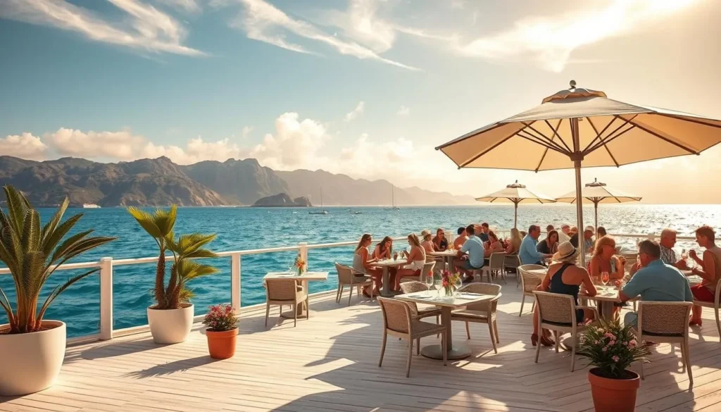 A sun-drenched, elegant Catalina Island beach club nestled along the sparkling azure waters of the Pacific. The foreground features a stylish, whitewashed wooden deck dotted with sleek, modern patio furniture and lush potted palms. In the middle ground, well-dressed patrons leisurely sip cocktails and dine on delectable coastal cuisine at chic, umbrella-shaded tables. The background showcases the island's rugged, mountainous terrain and a crystal-clear horizon, creating a serene, serene ambiance. Warm, golden sunlight filters through wispy clouds, casting a soft, inviting glow over the entire scene. A high-quality, 50mm lens captures the image with a shallow depth of field, drawing the viewer's attention to the delightful dining and drinking experience.