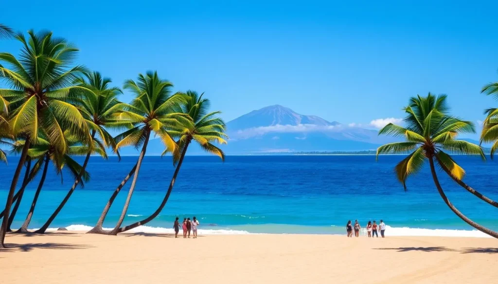 A sun-drenched expanse of golden sand stretches out before a crystal-clear Pacific Ocean, the azure waters gently lapping at the shoreline. In the distance, the iconic silhouette of Mauna Kea, the tallest mountain in the world from base to peak, stands majestically against a cloudless sky. Lush, verdant palm trees sway in the gentle breeze, casting dappled shadows on the beach. A handful of beachgoers enjoy the tranquil scene, their figures small and distant, allowing the natural beauty of the locale to take center stage. The image is captured through a wide-angle lens, emphasizing the grandeur and expansiveness of this stunning Hawaiian paradise.