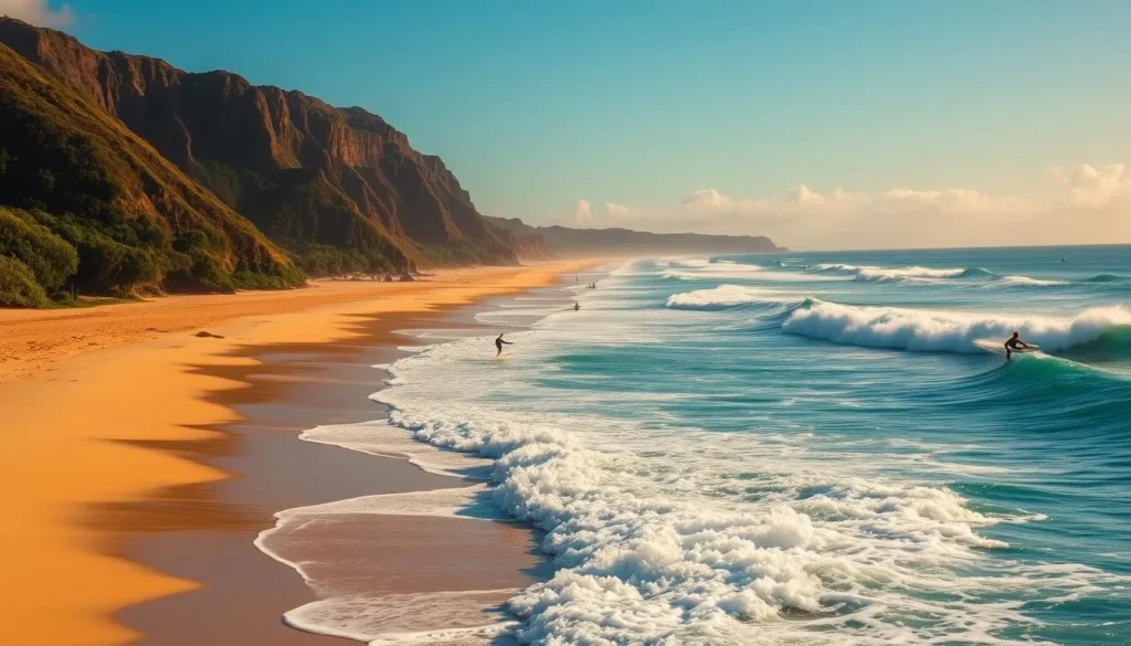 A sun-drenched expanse of pristine, golden sand framed by towering cliffs and lush, verdant foliage. In the foreground, a series of powerful, rolling waves crash against the shore, their crests sparkling with crystalline droplets under the warm, golden light. In the middle ground, a group of skilled surfers navigate the dynamic swells, their boards slicing through the water with grace and precision. In the distance, the horizon stretches out, dotted with the silhouettes of more breaking waves, beckoning adventurous souls. The scene exudes a sense of tranquility and exhilaration, capturing the essence of the famous surf breaks at Sandy Beach, Oahu, Hawaii.