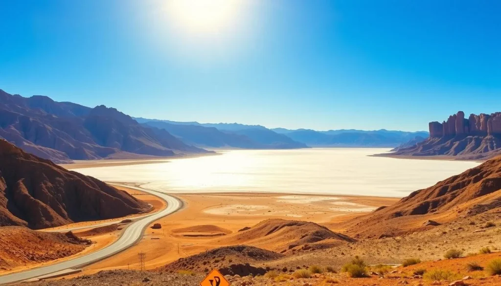 A sun-drenched, expansive landscape of the Death Valley National Park in California. In the foreground, a winding desert road cutting through the dramatic, craggy mountains, their jagged peaks casting long shadows across the arid, ochre-hued terrain. In the middle ground, a shimmering salt flat reflecting the azure sky, dotted with sparse vegetation. In the distance, towering, sculptural rock formations rise up, their weathered surfaces glowing with warm, golden light. The atmosphere is one of serene, stark beauty, the perfect complement to the "Exploring Nearby Attractions" section of the article on the White Mountains.