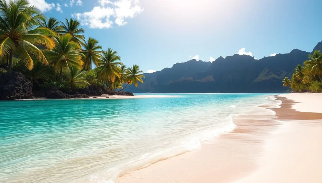 A sun-drenched, idyllic beach on the island of Oahu, Hawaii. Pristine white sand stretches out, gently lapped by crystal-clear turquoise waters. Lush, verdant palm trees sway in the gentle breeze, casting soft shadows across the scene. In the distance, rugged volcanic cliffs rise up, creating a dramatic backdrop. Warm, golden sunlight bathes the entire landscape, imbuing it with a serene, tranquil atmosphere. A perfect, picturesque representation of the island's renowned beach paradise.