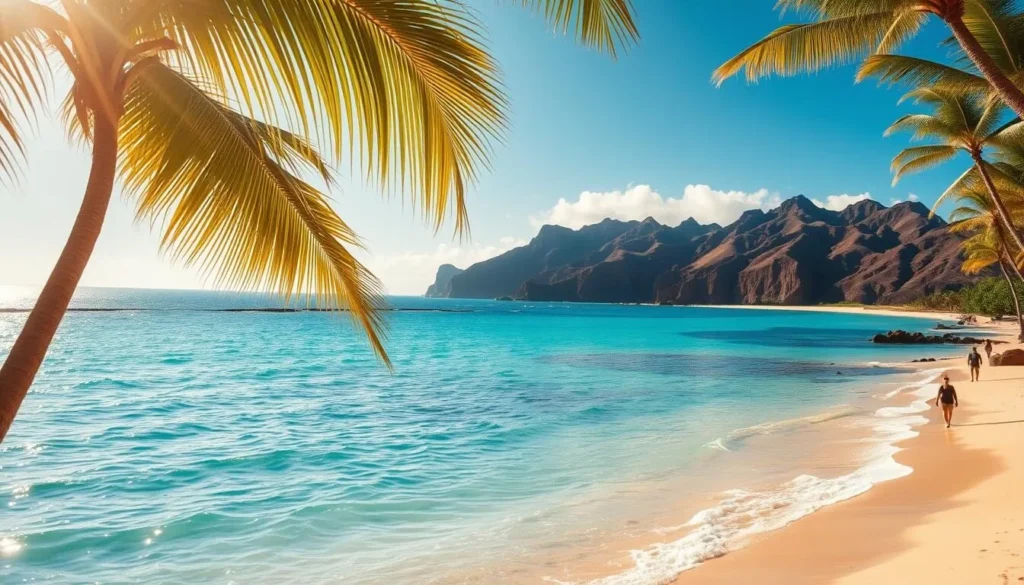 A sun-drenched, idyllic scene of Kapalua Bay Beach on the island of Maui, Hawaii. In the foreground, crystalline turquoise waters gently lap against the soft, golden sand. Lush, verdant palm trees sway in the gentle breeze, framing the tranquil cove. In the middle ground, rugged, volcanic cliffs rise up, their jagged profiles contrasted by the bright, cloudless sky above. Beachgoers stroll along the shoreline, taking in the breathtaking panorama. Warm, natural lighting bathes the entire landscape, creating a serene, paradise-like atmosphere. Capture this idyllic slice of Hawaiian coastal beauty, perfect for showcasing the highlights and attractions along the Kapalua Coastal Trail.