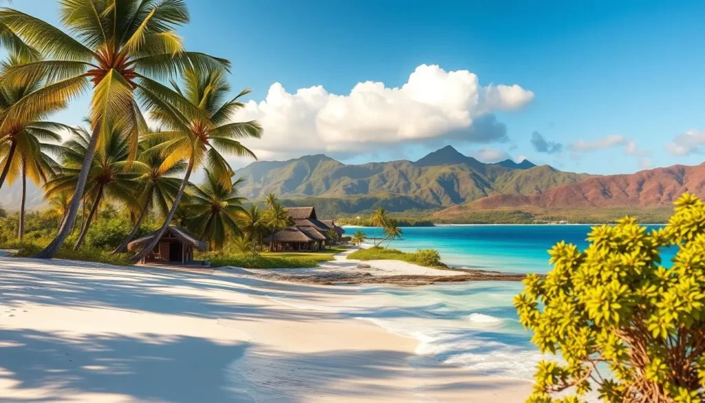 A sun-drenched island paradise, Tonga's lush landscapes and azure waters beckon visitors. In the foreground, a pristine white-sand beach stretches along the coastline, gentle waves lapping at the shore. Towering palm trees sway in the warm breeze, casting dappled shadows on the ground. In the middle ground, traditional thatched-roof huts and vibrant tropical foliage dot the landscape, evoking a sense of tranquility. The background features a breathtaking vista of rolling hills and distant mountains, their peaks capped with wispy clouds. The lighting is soft and natural, creating a golden glow that accentuates the island's natural beauty. The overall scene conveys the ideal weather-savvy conditions that make Tonga a premier destination during the best visiting months.