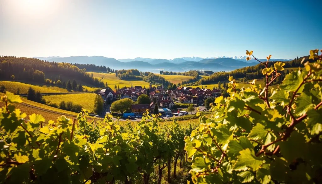 A sun-drenched landscape in Alsace, France, where vibrant vineyards stretch across gently rolling hills. In the foreground, lush grapevines sway in the gentle breeze, their leaves glistening under the warm summer sun. In the middle ground, a quaint village nestled among the vines, its charming half-timbered houses and cobblestone streets bathed in a golden glow. In the distance, the Vosges mountains rise majestically, their peaks capped with a dusting of snow. The scene is alive with the energy of a summer festival, with colorful tents and lively music filling the air. A classic European countryside idyll, captured in vivid detail.