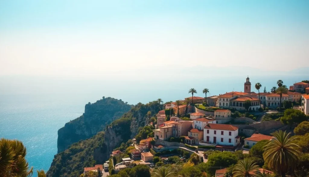 A sun-drenched landscape in Èze, France, with vibrant Mediterranean colors and lush greenery. In the foreground, a picturesque village nestled on a rocky outcrop, its winding streets and whitewashed buildings bathed in warm, golden light. The middle ground features a breathtaking coastal vista, with the sparkling azure waters of the Côte d'Azur framed by rugged cliffs and lush, terraced gardens. In the background, a hazy outline of the snow-capped peaks of the French Alps, adding a sense of grandeur to the scene. The lighting is soft and diffuse, creating a serene and inviting atmosphere, perfect for a weather-savvy summer trip to Èze.