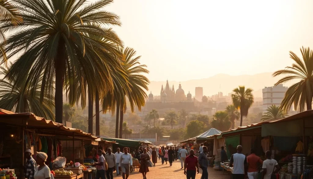 A sun-drenched landscape in Lubumbashi, Democratic Republic of the Congo, during the dry season. In the foreground, a bustling outdoor market with vibrant stalls and lively vendors. People browse the stalls, examining local crafts and produce. In the middle ground, towering palm trees sway gently in the warm breeze, casting soft shadows on the scene. The background features the city's skyline, with modern buildings and the iconic Lubumbashi Cathedral in the distance, all bathed in a golden glow from the setting sun. The overall mood is one of warmth, activity, and a sense of local culture and community.