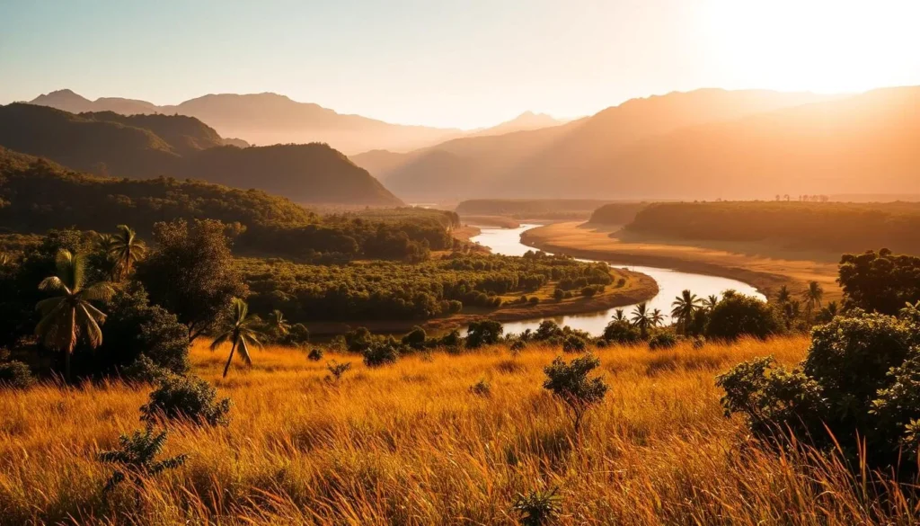 A sun-drenched landscape in Papua New Guinea during the dry season. In the foreground, a lush, rolling savanna dotted with palm trees and tall grass swaying gently in the warm breeze. In the middle ground, a winding river cuts through the terrain, its banks lined with thick foliage. The background features a majestic mountain range, their peaks shrouded in a soft, hazy light. The scene is bathed in a golden glow, creating a serene and tranquil atmosphere. The overall composition emphasizes the natural beauty and rugged charm of this remote tropical region.