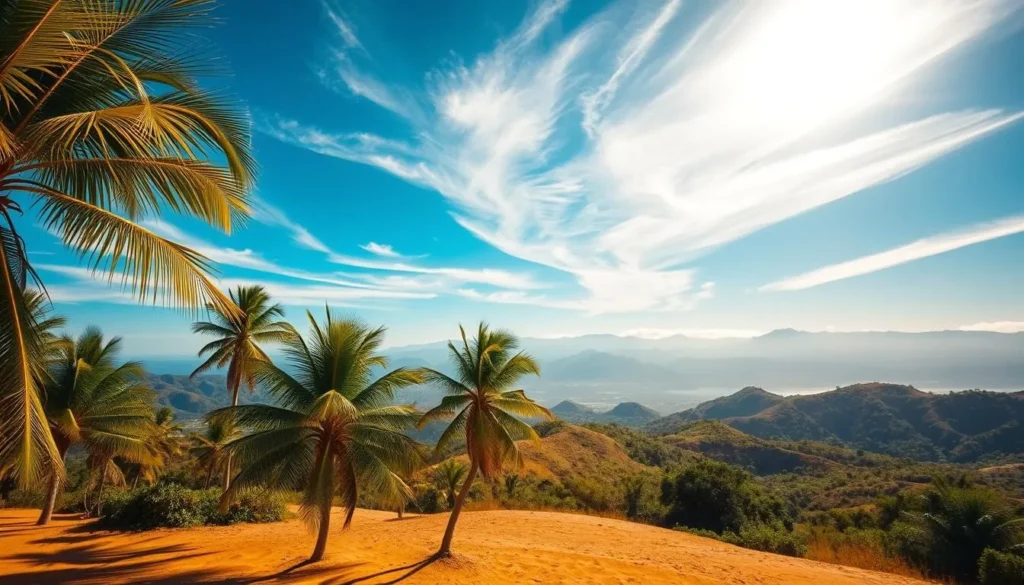 A sun-drenched landscape in Samoa during the dry season. In the foreground, lush palm trees sway gently in a warm breeze, their fronds casting intricate shadows on the golden sand below. The middle ground features rolling hills dotted with vibrant green vegetation, while the distant horizon is framed by majestic mountains shrouded in a hazy, atmospheric light. The sky is a brilliant azure, with wispy cirrus clouds drifting lazily overhead, illuminated by the intense tropical sun. The overall scene conveys a sense of tranquility and natural beauty, perfectly capturing the weather-savvy charm of Samoa during this time of year.