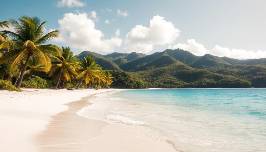A sun-drenched landscape in Tokelau during the dry season. In the foreground, a pristine white-sand beach meets the turquoise waters of the South Pacific, with gentle waves lapping at the shore. The middle ground features lush palm trees swaying in the warm breeze, their fronds casting soft shadows on the ground. In the background, rolling hills covered in verdant vegetation rise up, creating a serene, picturesque scene. The lighting is natural and golden, casting a warm glow over the entire landscape. The mood is one of tranquility and relaxation, inviting the viewer to imagine a weather-savvy trip to this idyllic tropical destination.