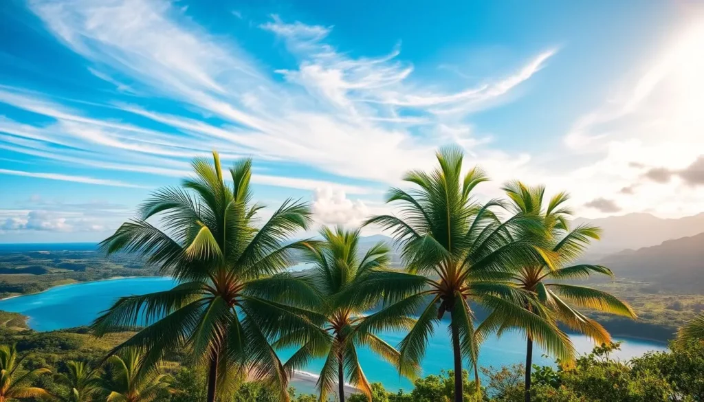 A sun-drenched landscape in Tokelau, with azure skies and wispy cirrus clouds casting gentle shadows over a lush, tropical paradise. In the foreground, swaying palm trees sway in a light breeze, their fronds glistening in the warm, golden light. The midground features a tranquil lagoon, its crystal-clear waters reflecting the vibrant hues of the surrounding foliage. In the distance, rolling hills and verdant valleys stretch towards the horizon, bathed in the soft, diffused glow of the Tokelau sunshine. The scene conveys a sense of peace, serenity, and the natural beauty that defines this remote and captivating Pacific island nation.