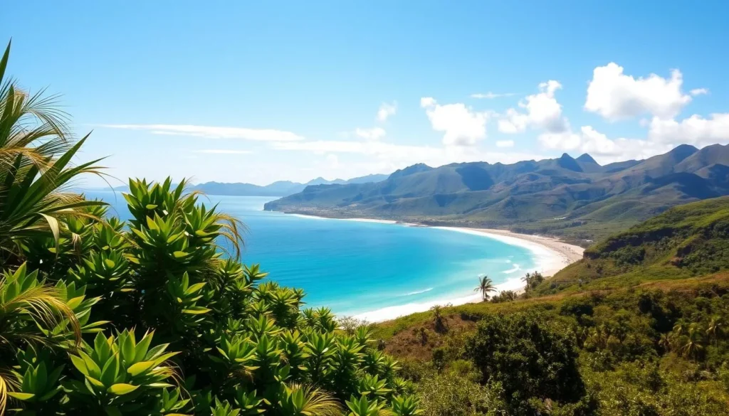 A sun-drenched landscape in Tonga, showcasing the island's diverse climate. In the foreground, lush tropical foliage sways gently in a warm breeze, while in the middle ground, a pristine white-sand beach meets the turquoise waters of the Pacific Ocean. The background features a range of hills and mountains, their slopes draped in verdant vegetation. The sky is a brilliant azure, with a few wispy clouds drifting lazily overhead, creating a sense of tranquility and warmth. The lighting is soft and diffused, casting a golden glow over the entire scene, capturing the idyllic beauty of Tonga's temperate climate.