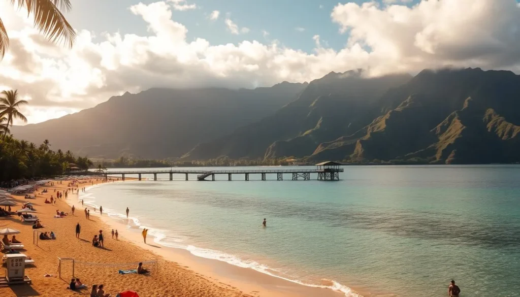 A sun-drenched landscape of Hanalei Bay, Kauai, Hawaii. In the foreground, a bustling beach scene with families enjoying the golden sand and crystal-clear waters. Lifeguard stands, beach umbrellas, and volleyball nets dotting the shore. In the middle ground, the iconic Hanalei Pier stretches out into the tranquil bay, surrounded by lush tropical foliage. In the background, the verdant Nā Pali Coast mountains rise majestically, their peaks shrouded in wispy clouds. Warm, diffused lighting casts a golden glow over the entire scene, creating a serene and inviting atmosphere.