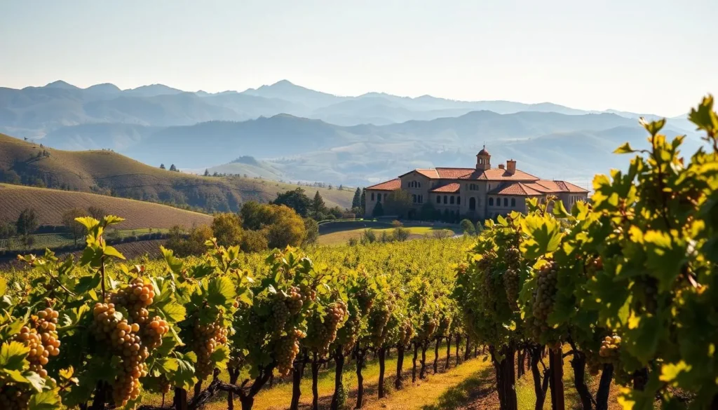 A sun-drenched landscape of lush vineyards and stately wineries nestled among rolling hills. In the foreground, rows of neatly trellised vines laden with plump, ripe grapes sway gently in the warm breeze. The middle ground features a grand, stone winery with a classic Mediterranean-inspired architecture, its terracotta roof tiles glowing in the soft, golden light. In the distance, a line of majestic mountains serves as a dramatic backdrop, their peaks brushed with a hint of snow. The scene radiates a sense of tranquility and timeless elegance, capturing the essence of Napa Valley's world-renowned winemaking heritage.