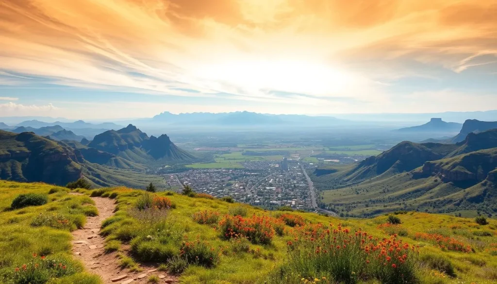 A sun-drenched landscape of the West Rand region in South Africa. In the foreground, a well-marked and maintained hiking trail winds through lush, rolling hills dotted with vibrant wildflowers. In the middle ground, a picturesque village nestled between scenic mountain peaks, its colorful buildings and bustling streets inviting exploration. The background features a panoramic vista of the vast, rugged Gauteng Province, with dramatic cliffs and sweeping vistas that capture the essence of this remarkable destination. Warm, golden lighting filters through wispy clouds, casting a serene, welcoming atmosphere over the entire scene.