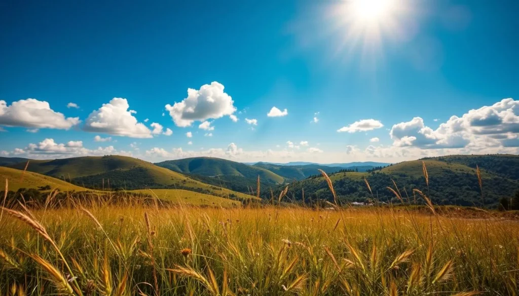 A sun-drenched landscape on a clear, breezy day. In the foreground, a lush meadow dotted with wildflowers sways gently in the wind. In the middle ground, rolling hills covered in verdant vegetation stretch out towards the horizon. The background is dominated by a brilliant blue sky with fluffy white clouds drifting lazily overhead. The lighting is soft and natural, casting a warm, golden glow over the entire scene. The composition utilizes a wide-angle lens to capture the expansive, picturesque vista. An atmosphere of tranquility and serenity pervades the image, inviting the viewer to lose themselves in the beauty of the daylight hours.