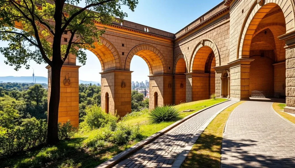 A sun-drenched morning along the historic Morelia Aqueduct, its grand arches and warm stone façade stretching across the landscape. In the foreground, lush greenery and cobblestone pathways invite visitors to stroll leisurely, admiring the intricate architectural details. The mid-ground showcases the aqueduct's impressive scale, its towering archways and ornate masonry reflecting the city's rich heritage. In the distance, the skyline of Morelia's historic center emerges, a serene backdrop to this captivating scene. Crisp, natural lighting illuminates the entire composition, evoking a sense of tranquility and timelessness. Capture the essence of this iconic landmark, a testament to Morelia's enduring charm and cultural significance.
