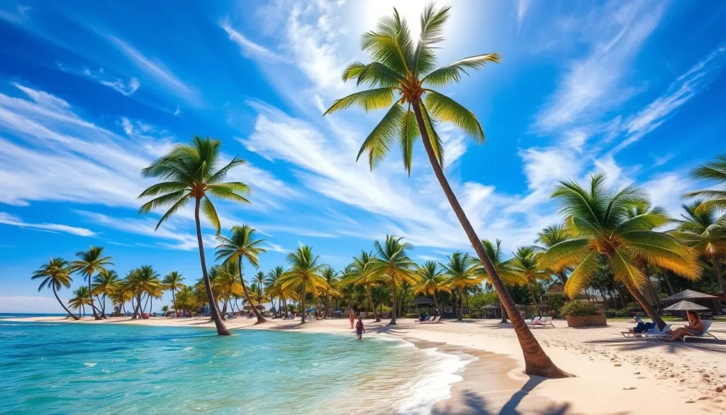 A sun-drenched palm-fringed beach in Palm Beach, Florida. Warm turquoise waters gently lapping the golden sand. Towering royal palms sway in a gentle sea breeze, their fronds casting soft shadows on the ground. Beachgoers leisurely stroll or relax on lounge chairs, enjoying the perfect tropical weather. High cirrus clouds drift overhead, a bright azure sky providing a stunning backdrop. Sunlight filters through the palms, creating a dappled, tranquil scene. Capture the quintessential Palm Beach aesthetic - an idyllic coastal paradise.