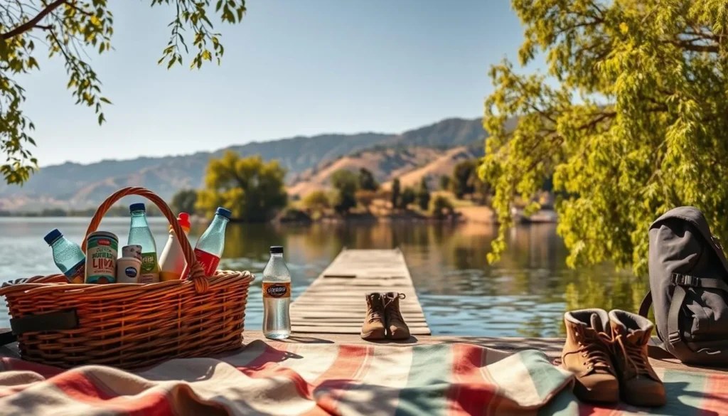 A sun-drenched picnic scene on the shores of Lake Cachuma, California. In the foreground, a picnic basket overflows with local snacks, reusable water bottles, and a cozy blanket. Nearby, a weathered wooden dock extends into the serene, mirror-like waters, with a pair of hiking boots and a backpack resting at its edge. In the middle ground, lush, verdant trees frame the tranquil lake, their leaves gently swaying in a light breeze. The background showcases the majestic Santa Ynez Mountains, their peaks bathed in warm, golden light. The overall scene evokes a sense of relaxation, adventure, and appreciation for the natural beauty of this idyllic location.