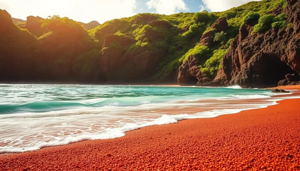 A sun-drenched, picturesque red sand beach nestled along the rugged cliffs of Maui's Hana coast. In the foreground, fine crimson grains glisten under the warm tropical sun, while in the middle ground, gentle waves caress the shore, their soothing hues of azure and turquoise creating a mesmerizing contrast. The background showcases lush, verdant foliage clinging to the steep, sculpted rock formations, lending a sense of tranquility and seclusion to the scene. The lighting is soft and natural, casting a golden glow over the entire landscape, evoking a serene and inviting atmosphere. Capture this stunning, untamed beauty of Kaihalulu Beach, a true hidden gem of Hawaii.