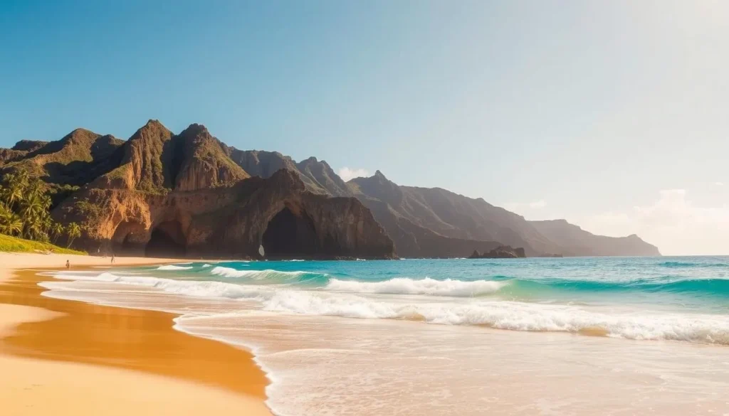 A sun-drenched, pristine Shipwreck Beach on the island of Lanai, Hawaii. In the foreground, golden sand and lapping turquoise waves invite exploration. Towering, jagged cliffs line the middle ground, their natural arches and sea caves hinting at the island's dramatic geological history. In the background, a lush, verdant landscape of palm trees and tropical foliage frames the tranquil scene. Warm, diffused lighting casts a soft, golden glow over the entire beach, creating a serene and inviting atmosphere perfect for various activities and experiences.