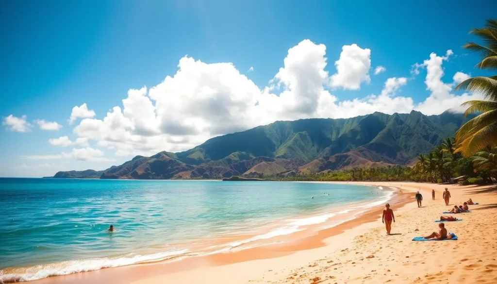 A sun-drenched, pristine beach along the crescent-shaped Hanalei Bay, with lush, verdant mountains rising in the background. The crystal-clear turquoise waters gently lap against the golden sand, inviting visitors to relax and unwind. In the foreground, people stroll along the shore, some wading in the shallow waters, while others recline on beach towels, soaking up the warm Hawaiian sun. Fluffy white clouds drift across a vibrant blue sky, casting soft, natural lighting over the serene scene. Verdant palm trees sway gently in the light breeze, completing the idyllic tropical paradise. Capture the essence of Hanalei Bay's natural beauty and the tranquil atmosphere perfect for a day of beach activities and relaxation.