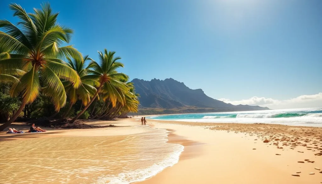 A sun-drenched, pristine beach on the island of Maui, Hawaii. Crystal-clear turquoise waters lap gently against the soft, golden sand. Lush, verdant palm trees sway in the gentle ocean breeze, casting dappled shadows on the shore. In the middle ground, a few beachgoers lounge on colorful towels, soaking up the warm tropical sun. In the distance, a dramatic mountain range rises, its jagged peaks framing the scene. The lighting is natural and warm, creating a serene, idyllic atmosphere. Capture this quintessential Maui beach scene, showcasing the island's natural beauty and allure as a top travel destination.
