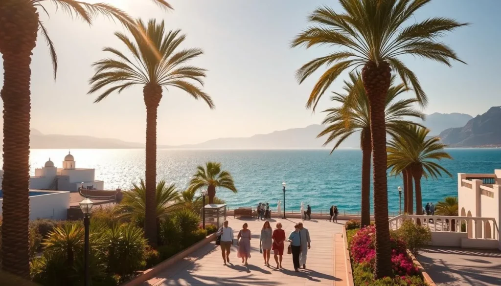 A sun-drenched promenade in Agadir, Morocco, with warm, gentle breezes caressing the palm trees and vibrant flowers lining the sidewalks. In the distance, the sparkling azure waters of the Atlantic Ocean stretch out to the horizon, inviting visitors to bask in the idyllic coastal atmosphere. The scene is bathed in a soft, golden light, creating a serene and welcoming ambiance. A group of people stroll leisurely, enjoying the mild temperatures and the picturesque views of the city's whitewashed buildings and the rugged Atlas Mountains in the background.