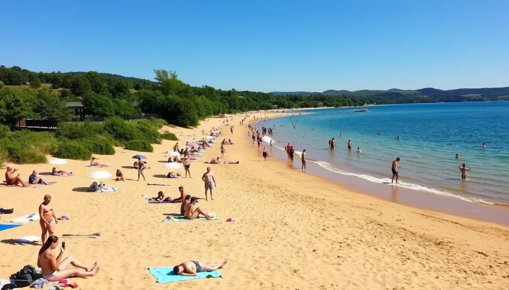 A sun-drenched sandy beach at Stockton State Park, Missouri. In the foreground, beachgoers enjoy the crystal-clear waters of Stockton Lake, their laughter and splashing creating a lively atmosphere. Towels and umbrellas dot the shoreline, while families build sandcastles and toss Frisbees. The middle ground features lush, verdant trees and shrubs lining the beach, providing a natural backdrop. In the distance, rolling hills and a cloudless azure sky create a serene, picturesque scene. Warm, golden light bathes the entire landscape, conveying a sense of tranquility and relaxation.