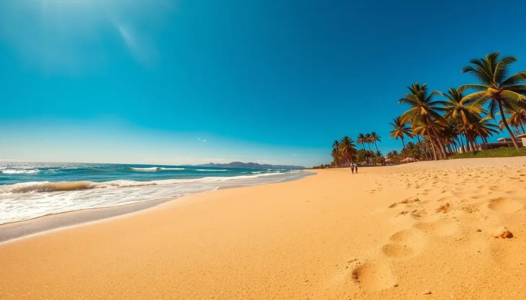 A sun-drenched sandy beach, with soft golden grains glistening under a clear azure sky. Gentle waves caress the shore, creating a soothing rhythm. In the distance, palm trees sway gracefully, casting dappled shadows across the tranquil scene. A few beachgoers leisurely stroll along the water's edge, enjoying the serene atmosphere. The image is captured with a wide-angle lens, creating a sense of expansive space and inviting the viewer to imagine themselves immersed in this idyllic coastal setting.