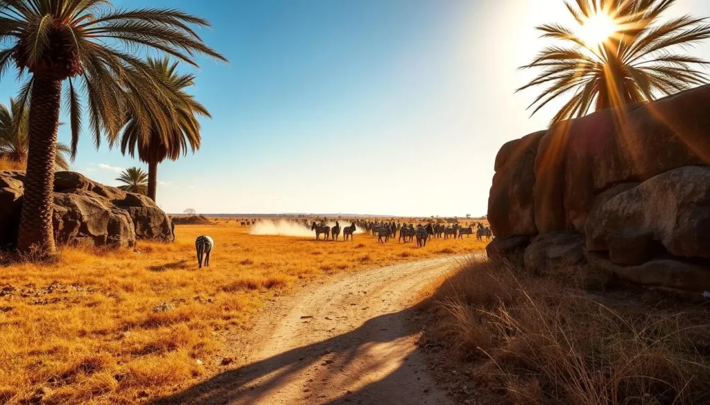 A sun-drenched savanna stretches out under a cloudless azure sky, the golden rays filtering through towering palm trees. In the foreground, a winding dirt path leads through the parched grass, flanked by weathered rock formations casting long shadows. In the middle ground, a distant herd of grazing zebras kicks up dust as they meander across the scorched landscape. The atmosphere is one of tranquility and warmth, with a hint of the dryness that defines this season in Papua New Guinea.