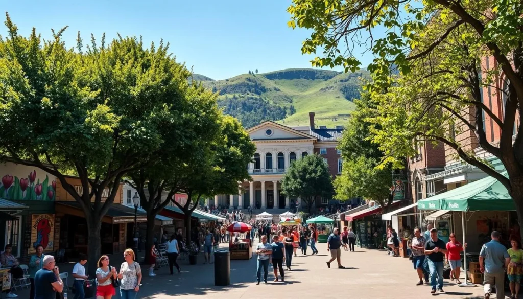 A sun-drenched scene of Ashland's cultural heart, captured with a wide-angle lens. In the foreground, a lively plaza bustles with local artisans, musicians, and vibrant street performers. Towering trees provide dappled shade, and colorful murals adorn the surrounding buildings. In the middle ground, the iconic Ashland Elizabethan Theatre stands tall, its classical architecture a testament to the town's Shakespearean heritage. Beyond, the verdant slopes of the Siskiyou Mountains rise, framing the scene with natural splendor. The atmosphere is one of community, creativity, and a deep appreciation for the arts, capturing the essence of Ashland's cultural heart.