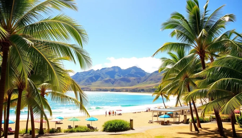A sun-drenched scene of Ho'okipa Beach Park, Maui, Hawaii. The foreground features lush palm trees swaying in the gentle breeze, with a pristine sandy beach leading to the turquoise waters of the Pacific Ocean. In the middle ground, colorful umbrellas and cabanas dot the landscape, providing shade and comfort for visitors. The background showcases the verdant mountains and hills that frame the idyllic coastal setting, bathed in warm, golden light. The atmosphere is one of tranquility and relaxation, inviting the viewer to imagine themselves enjoying the park's amenities and facilities on a picturesque island day.