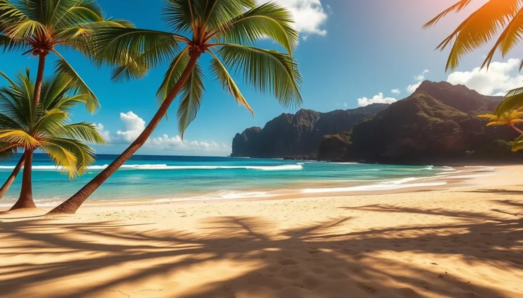 A sun-drenched scene of Mākua Beach on the island of Oahu, Hawaii. In the foreground, a pristine stretch of golden sand invites visitors to relax and soak up the warm Pacific rays. Lush, verdant palm trees sway gently in the breeze, casting playful shadows across the beach. In the middle ground, crystal-clear turquoise waters lap at the shoreline, enticing swimmers and snorkelers to explore the vibrant marine life. The background features rugged, emerald-hued cliffs that rise up majestically, framing the picturesque landscape. The overall mood is one of tranquility and natural beauty, perfectly capturing the essence of this stunning Hawaiian destination.