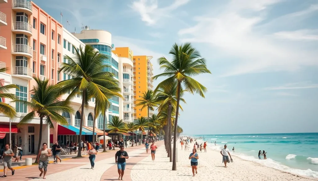 A sun-drenched scene of Miami Beach's iconic Art Deco architecture along the beachfront promenade. Vibrant pastel-colored buildings stand tall, their iconic streamlined facades reflecting the warm tropical light. Swaying palm trees line the sidewalk, casting gentle shadows on the bustling crowds enjoying the lively atmosphere. In the foreground, people stroll, jog, and relax on the white sandy beach, the turquoise waters of the Atlantic Ocean glistening in the distance. A hazy sky with wispy clouds overhead creates a tranquil, serene ambiance, capturing the unique charm and allure of this popular Florida destination.