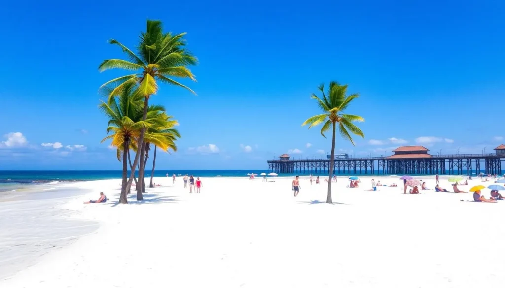 A sun-drenched scene of New Smyrna Beach, Florida. In the foreground, pristine white sand stretches along the gently lapping waves of the Atlantic Ocean. Beachgoers leisurely stroll, towels and umbrellas in hand, soaking up the warm, coastal atmosphere. In the middle ground, tall palms sway in the gentle breeze, casting dappled shadows across the scene. The background features a cloudless azure sky, with the iconic New Smyrna Beach Pier jutting out into the distance, its wooden structure silhouetted against the horizon. The overall mood is one of tranquility and relaxation, inviting the viewer to imagine themselves exploring this picturesque coastal destination.