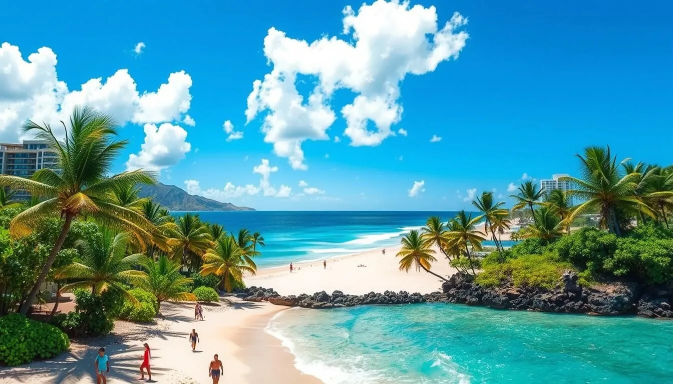 A sun-drenched scene of North Shore, Oahu, Hawaii. Pristine white-sand beaches stretch into the distance, framed by swaying palm trees and lush tropical foliage. Turquoise waves gently lap the shore, creating a soothing, serene atmosphere. In the foreground, people stroll along the beach, enjoying the warm, balmy air. The sky is a vibrant blue, with fluffy white clouds drifting overhead. The composition is captured through a wide-angle lens, emphasizing the expansive, picturesque landscape. Overall, the image conveys the tranquil beauty and laid-back charm of this iconic Hawaiian destination.