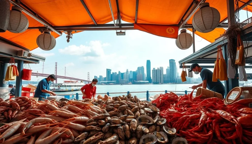 A sun-drenched seafood market by the Singapore harbor, brimming with vibrant displays of fresh catches. In the foreground, a vibrant array of glistening prawns, succulent crabs, and plump oysters. The middle ground showcases fishmongers skillfully preparing and arranging the diverse marine delicacies, while the background reveals the iconic skyline of Singapore's waterfront, bathed in warm, golden light. The scene evokes the rich maritime heritage and the culinary prowess that define Singapore's acclaimed seafood scene.
