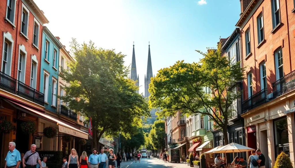 A sun-drenched street in the vibrant heart of Dublin, Ireland. Quaint Georgian townhouses line the sidewalks, their colorful facades bathed in warm, golden light. In the foreground, people stroll casually, enjoying the pleasant summer breeze. A bustling cafe spills out onto the pavement, the aroma of freshly brewed coffee and baked pastries wafting through the air. In the middle ground, lush, verdant trees sway gently, their leaves casting dappled shadows on the ground. In the distance, the iconic spires of historic churches pierce the clear, azure sky. The overall mood is one of easygoing charm and vibrant summertime vibrancy.