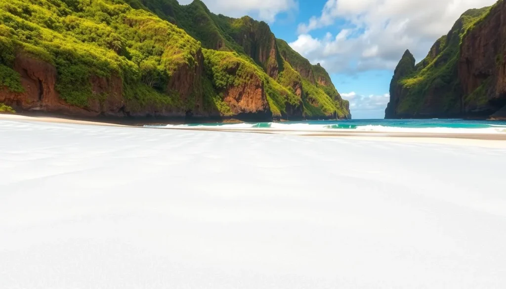 A sun-drenched stretch of pristine white sand, undulating gently under the warm Hawaiian breeze. In the foreground, fine grains seem to shimmer and dance, as if imbued with a magical quality. The middle ground reveals a tranquil azure ocean, its waves lapping softly against the shore. Towering cliffs, draped in lush, verdant foliage, form the backdrop, casting gentle shadows that play across the sand. The scene is bathed in a warm, golden light, creating a serene and enchanting atmosphere. This is the Magic Sands Beach, where the sands appear to vanish and reappear, a captivating natural wonder on the Big Island of Hawaii.