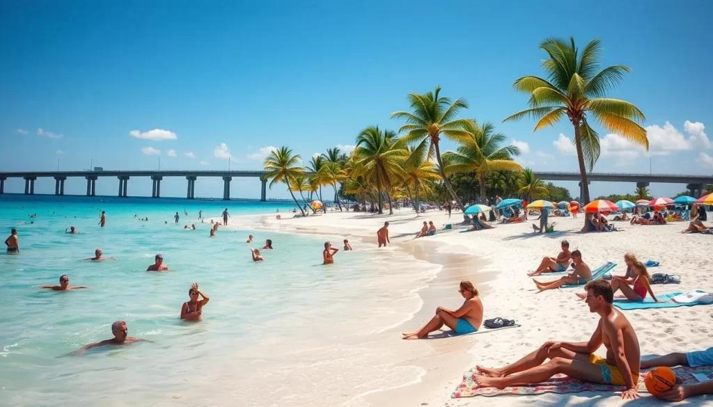 A sun-drenched summer beach scene in Cape Coral, Florida. In the foreground, people enjoying various activities - swimming, sunbathing, playing beach volleyball. The crystal-clear turquoise waters of the Gulf of Mexico lap gently against the pristine white sand. In the middle ground, colorful umbrellas and beach towels dot the shoreline, while palm trees sway gently in the warm breeze. The background features a cloudless azure sky, with the iconic Caloosahatchee River Bridge visible in the distance. Vibrant colors, natural lighting, and a sense of relaxation and leisure permeate the scene, capturing the essence of a quintessential summer day in this coastal Florida paradise.